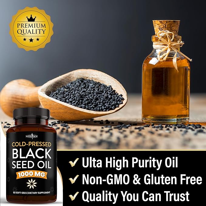NEW AGE Black Seed Oil Softgel Capsules - Premium Cold-Pressed Nigella Sativa Producing Pure Black Cumin Seed Oil - Non-GMO &amp Vegetarian (60 Softgels)