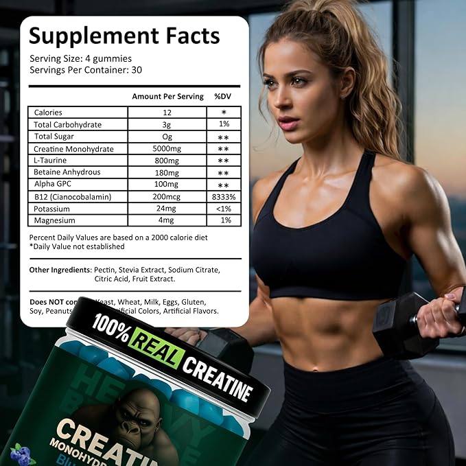 Creatine Monohydrate Gummies 5g Sugar Free Creatine with Vitamin B12 and L-Taurine | Muscle Growth for Men and Women | Low Calorie Formula 120 Gummies for 30 Servings Blueberry