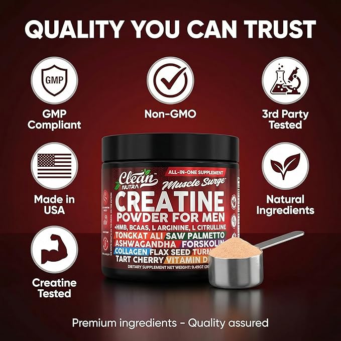 Clean Nutra Creatine Powder for Men + HMB BCAA L Arginine L Citrulline Tongkat Ali Saw Palmetto Ashwagandha Collagen Flax Seed Turmeric Preworkout Stevia Nitric Oxide L Glutamine Amino Acids