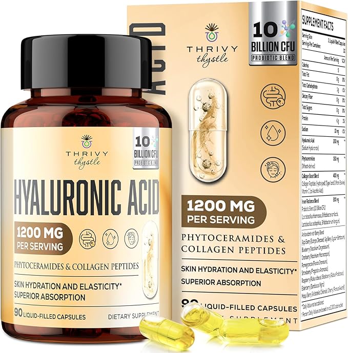 19-in-1 Hyaluronic Acid Capsules - Hylunaric Acid 1200 mg with Collagen Peptides Vitamin C Phytoceramides - for Skin Eyes Gastrointestinal Bones Support (1 Pack)