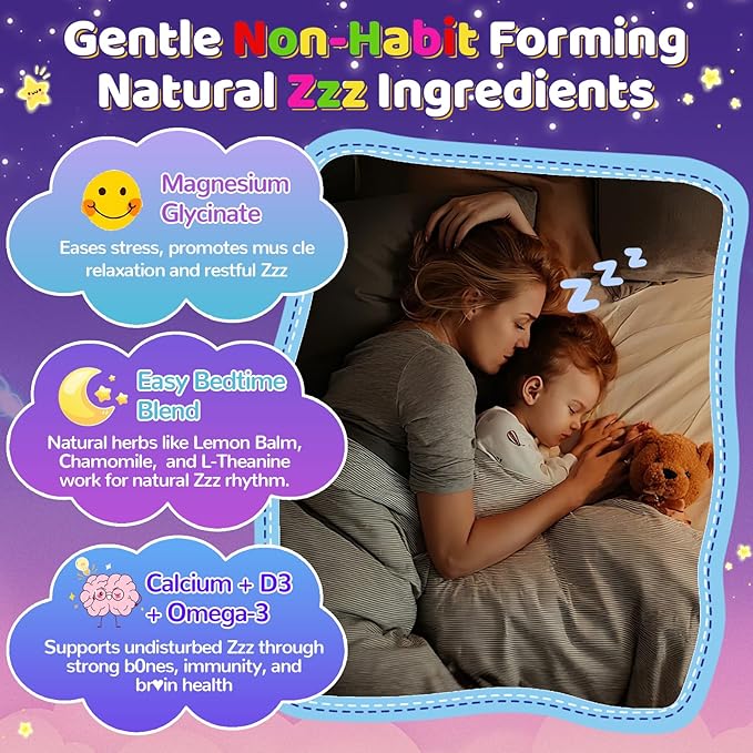 Magnesium Glycinate Gummies for Kids 4+: Sugar Free Chewable Organic Magnesium Gummy with L-Theanine Vitamin B12 B6 D3 Zinc Omega Calcium - Natural Zzz Support Non-GMO Berry Flavor(60Count)