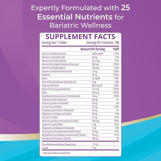 High ADEK Bariatric Multivitamin | DS SADI &amp BPD/DS Surgery | Fat-Soluble Vitamins A D E K | 25 Essential Nutrients | ASMBS Compliant | Made in USA | 180 Tablets — 3 Month Supply