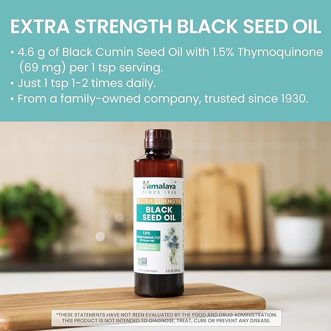 Himalaya Extra Strength Black Seed Oil Cold-Pressed &amp Unrefined 1.5% Thymoquinone (69 mg per TSP) 8 oz
