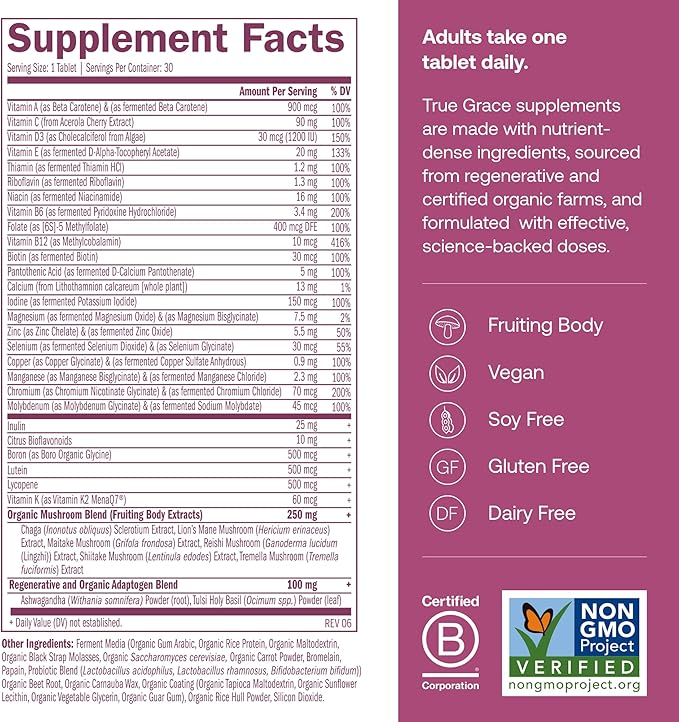 True Grace One Daily Women’s Multivitamin 40+ Fermented Minerals Organic Adaptogens &amp Mushrooms Energy Immune Bone Support - Non-GMO - Iron Gluten &amp Soy Free - 30 Vegan Tablets