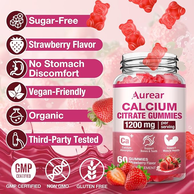 Calcium Citrate Gummies - Strawberry Flavor 1200mg High Potency Supports Bone Muscle &amp Overall Wellness for Men Women &amp Seniors 60 Count Chewable Calcium Supplement (Pack of 2)