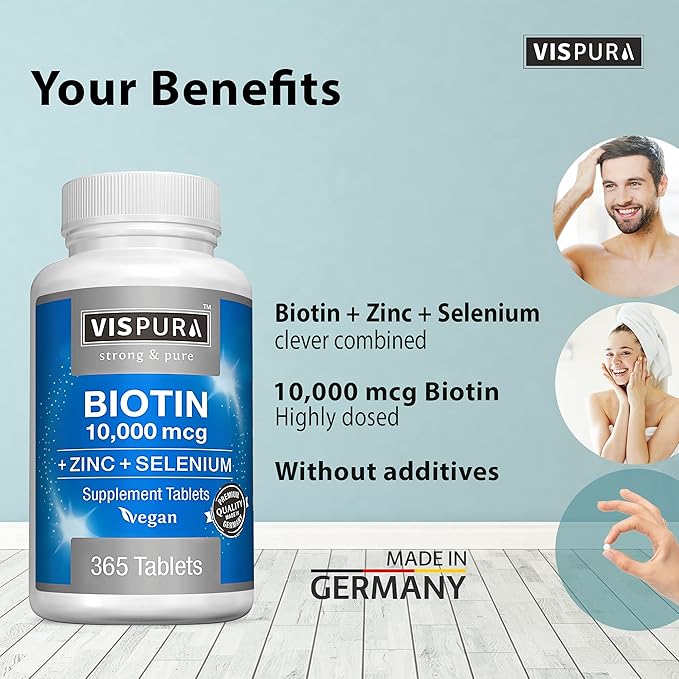 Biotin 10000 mcg + Zinc + Selenium Pure Vegan &amp Extra Strong Best Supplement for Hair Growth Glowing Skin Strong Nails* 365 Tablets for 12 Months Natural Without Additives