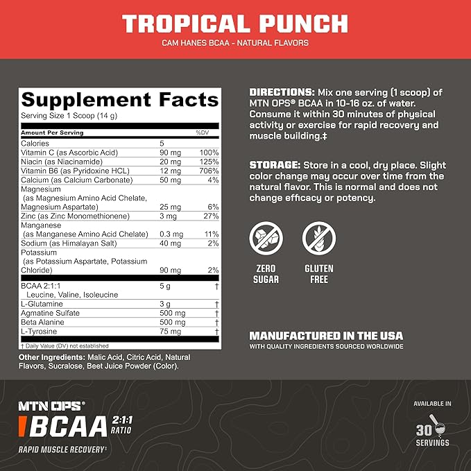 MTN OPS BCAA Powder 2:1:1 Amino Acids Supplement Powder for Rapid Muscle Recovery &amp Repair with Zero Sugar &amp Gluten Free - 30-Servings Tropical Punch Cameron Hanes Keep Hammering Series