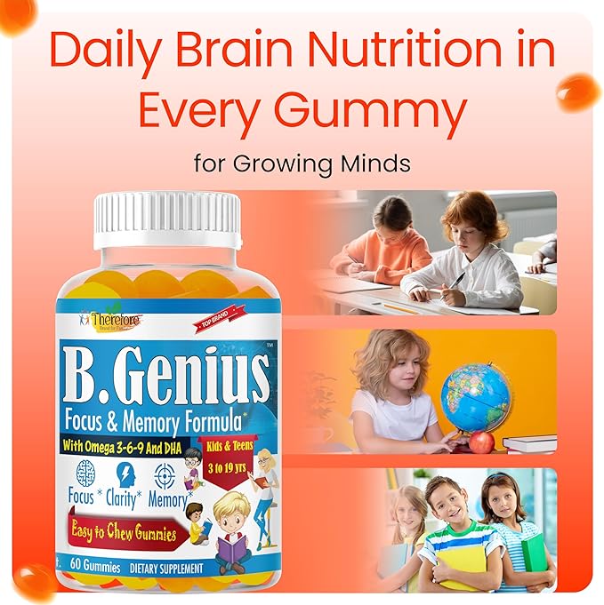 B.Genius Focus Gummies for Kids &amp Teens – Kids Focus and Attention Supplements – Memory &amp Concentration –Plant-Based Focus Supplement for Clarity Learning &amp Cognitive Health-60ct