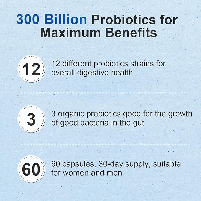 Probiotic 300 Billion CFU - 12 Strains with Organic Prebiotics for Digestive &amp Gut Immune Bloating Health - Probiotics for Women and Men - Daily Dairy Free Shelf Stable - 240 Counts
