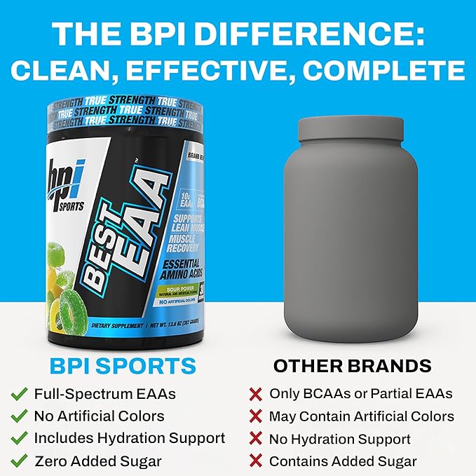 BPI Sports Essential Amino Acids EAA Powder - Pre Intra &amp Post Workout Drink - BCAA Powder for Men &amp Women EAA + BCAA + Hydration. Advanced Formula with 10g of EAA. (Sour Power)