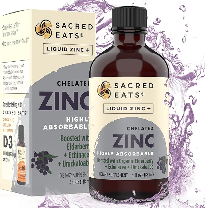 Liquid Zinc (Glycinate Chelate) with Organic Elderberry &amp Echinacea (High in Quercetin) | 4-in-1 Immune Suport Supplement for Adults &amp Kids Great Tasting | Alcohol &amp Gluten Free Non GMO