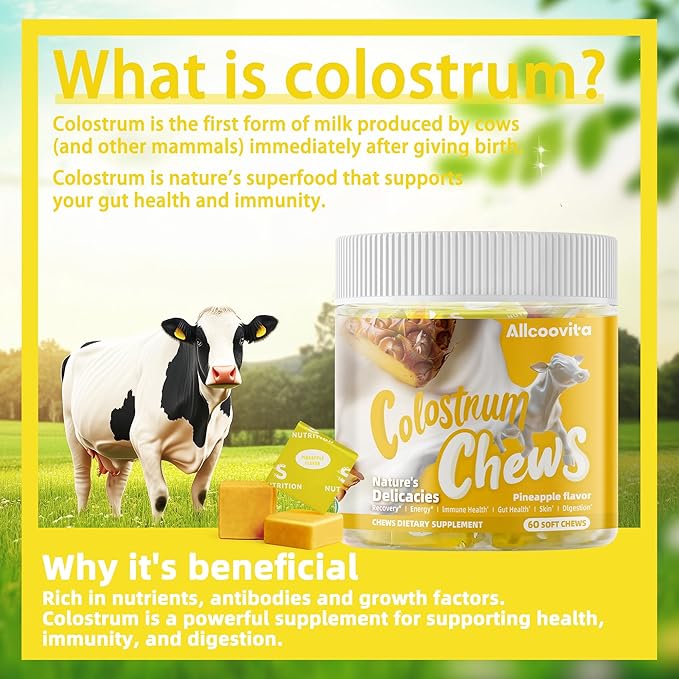 Bovine Colostrum Chews Supplement with probiotics for Gut Health Bloating Immune Support Skin Hair Growth and Beauty - Pineapple Flavor (60 Servings)