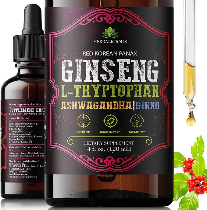 Red Korean Panax Ginseng Liquid Drops with L-Tryptophan Ashwagandha &amp Ginkgo – Herbal Adaptogen Blend for Daily Wellness – Alcohol Free Liquid Supplement – 4 fl oz (120 mL)