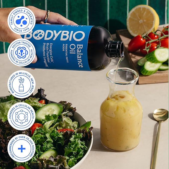 BodyBio Balance Oil - Vegan Omega 3 6 Supplement – Cold-Pressed Safflower &amp Flaxseed Oil – Supports Brain Function Healthy Skin and Mood