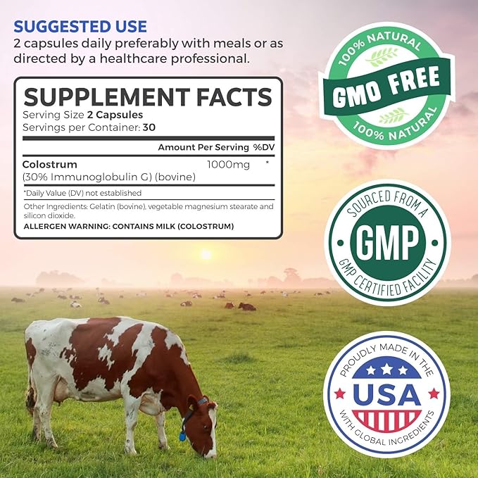 Bovine Colostrum for Women - Colostrum Supplement with 1000mg per Serving and 30% IgG Immunoglobulins from First Milking - Low Heat Processed for Maximum Potency Non-GMO &amp Made in the US (1 Month
