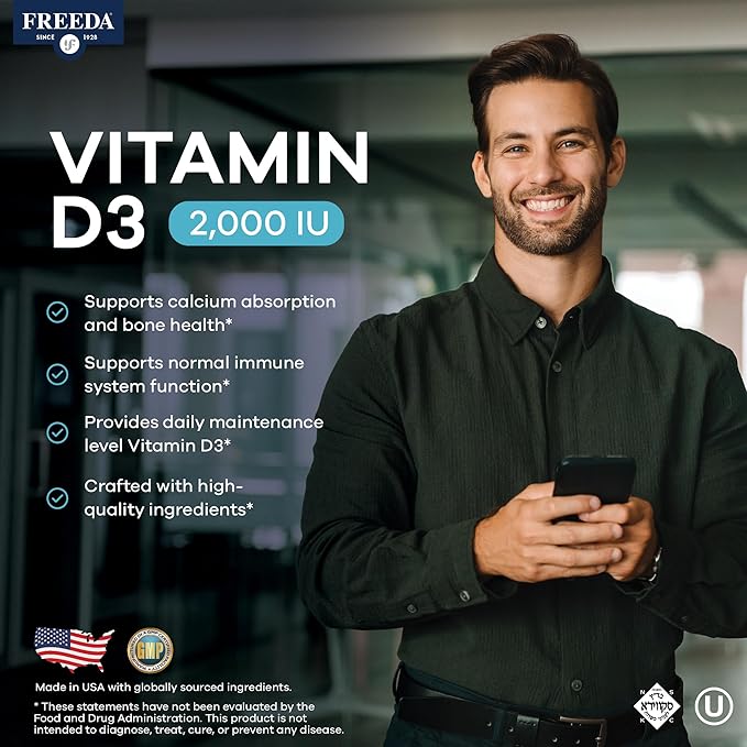 FREEDA Pure Vitamin D3 2000 IU – Moderate Strength – Bone Health Joint Muscle &amp Immune Support – VIT D3 Vitamin D Supplement for Women &amp Men – 50 mcg 2000 IU Easy-to-Swallow (250 Tiny Table