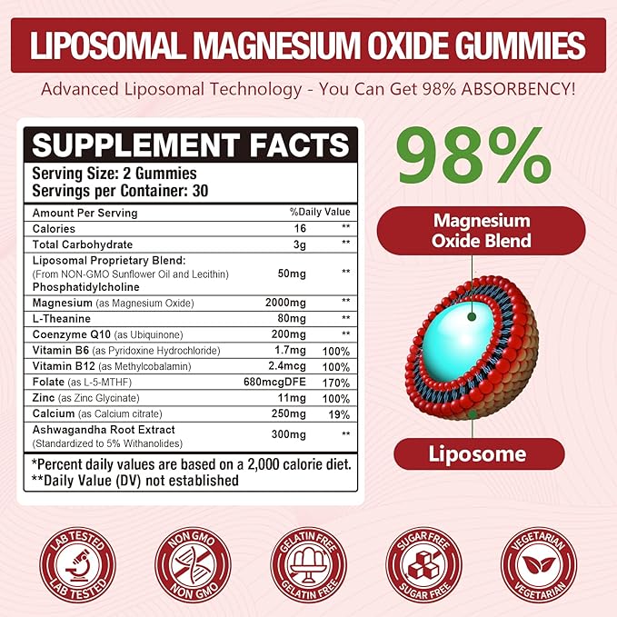 2 Pack Liposomal Magnesium Oxide Gummies 2000mg Complex AshwagandhaCoQ10 L-Theanine L-5-MTHF Methyl B12 Zinc for Sleep &amp EnergyStress ReliefHeart HealthNeuro Support
