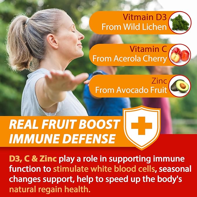 Sugar Free Vitamin C + D3 + Zinc Gummies for Adults 50 + 9 in 1 Immune Defense Supplement with D3 5000IU Elderberry Echinacea Mullein Leaf for Boost Immunity Power Antioxidant Vegan (Pack of 2)