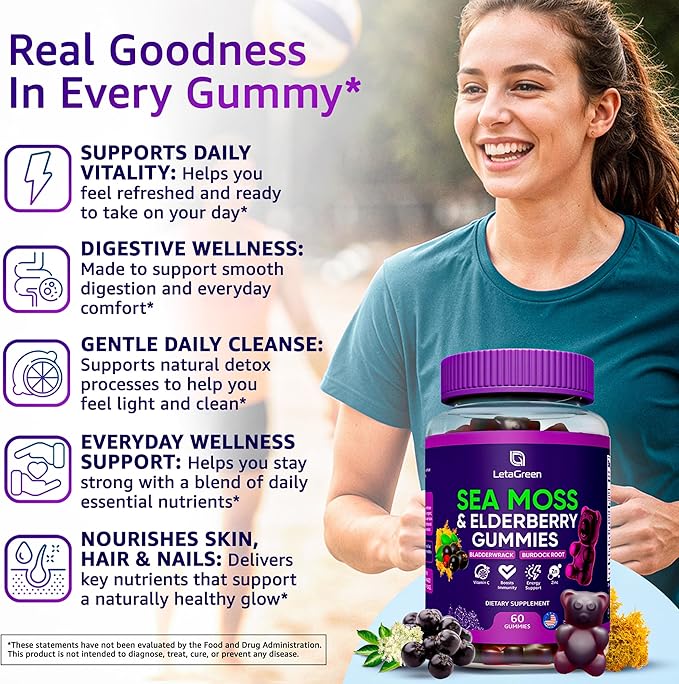 Irish Sea Moss Gummies – Bladderwrack Burdock Root Elderberry Vitamin C &amp Zinc – 60 Vegan Seamoss Gummy Bears for Adults Kids Men Women – Multimineral Elderberry Vitamins