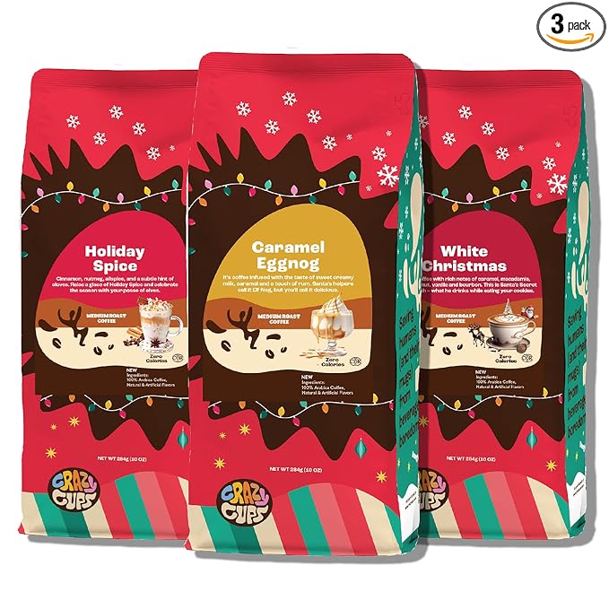 Crazy Cups Flavored Holiday Ground Coffee Variety Pack Includes Holiday Spice White Christmas Caramel Eggnog in 10 oz Bags 3 Pack