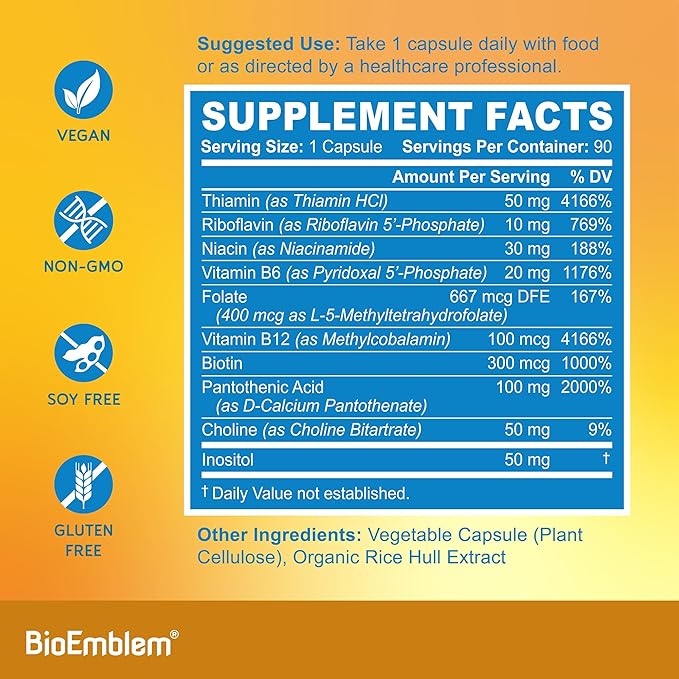 BioEmblem Vitamin B-Complex - All 8 Active Forms with Methyl Folate Methyl B12 B6 Biotin Plus Choline Inositol Supports Energy Metabolism Brain Heart Health - B Vitamin Supplement 90 Capsules