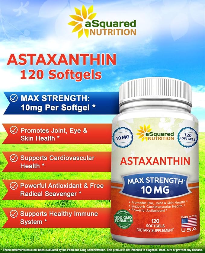aSquared Nutrition Astaxanthin Supplement - Natural Astaxanthin Pills from Haematococcus Pluvialis Extract for Pure Energy - Max Strength 10mg - 120 Softgels (Pack of 2)