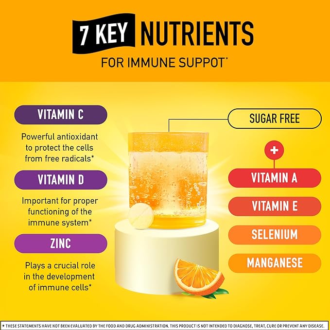 Vitamin C 1000mg (per serving) - Airborne Zesty Orange Effervescent Tablets (36 count in a box) Gluten-Free Immune Support Supplement With Vitamins A C E ZINC Selenium Echinacea &amp Ginger