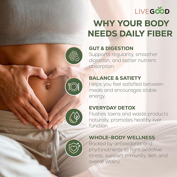 LIVEGOOD Organic Fiber Powder with Agave Inulin Psyllium Husk Pea Fiber 10 Plant-Based Sources for Digestion Detox Gut Support and Daily Wellness Organic Fiber Supplement (30 Servings)