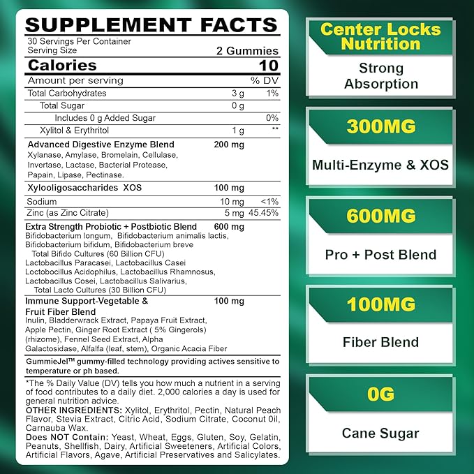 Digestive Enzymes Gummies 1000mg Chewable - Break Down Food Quickly 90 Billion CFU Probiotic Postbiotic Prebiotic &amp Fiber Blend &amp Vitamin ADK Gummies + Calcium Magnesium Zinc Supplement