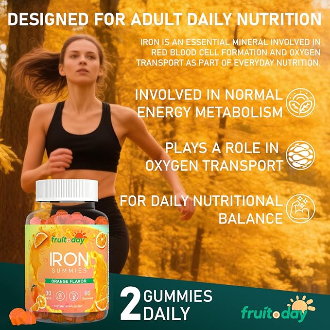 Iron Gummies with Vitamin C B6 B12 and Folate - Gentle Ferrous Bisglycinate for Daily Nutrition - Orange Flavor - 60 Gummies
