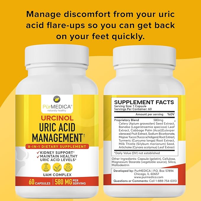 Urcinol Uric Acid Supplement for Joint Support - 60ct (Pack of 2) - Uric Acid Support Formula with Turmeric Root Acai Banaba Leaf Celery Seed Yucca Stalk