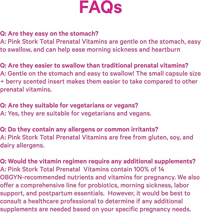 Pink Stork Total Prenatal Vitamins with DHA Folate and Iron 3 Month Supply to Help Support Fetal Development Pregnancy Must Haves - 180 Capsules