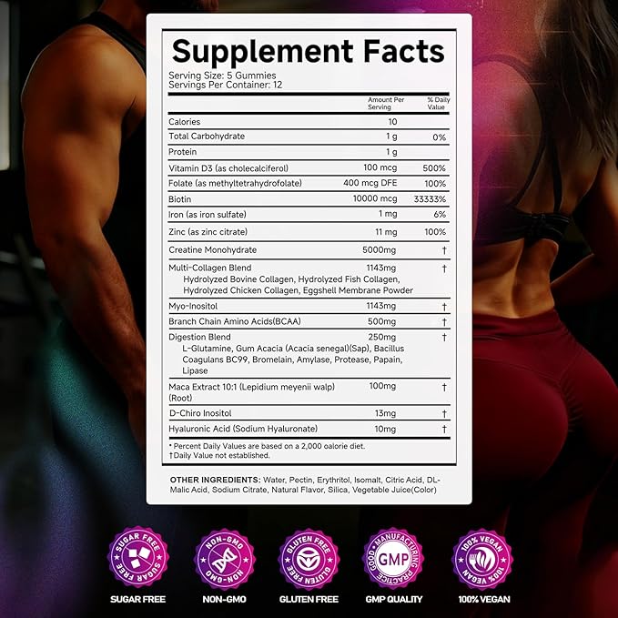 Creatine Monohydrate Gummies – with Collagen BCAAs L-Glutamine Biotin Zinc Vitamin D3 &amp Hyaluronic Acid – Daily Pre &amp Post Workout Recovery Sugar-Free (60 Gummies)