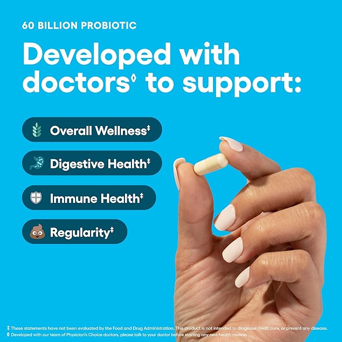 Physician's CHOICE Probiotics 60 Billion CFU - 10 Strains + Organic Prebiotics - Immune Digestive &amp Gut Health - Supports Occasional Constipation Diarrhea Gas &amp Bloating - for Women &amp M