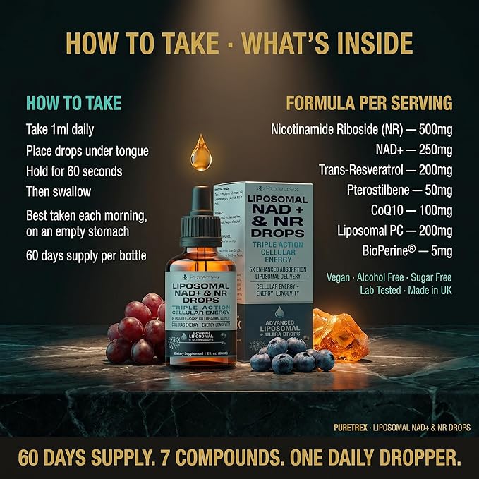 Liposomal NAD+ &amp NR Drops – 5X Superior Absorption Cellular Energy &amp Anti-Aging Longevity Supplement for Men &amp Women Liquid Nicotinamide Riboside 60mL (2 fl oz)