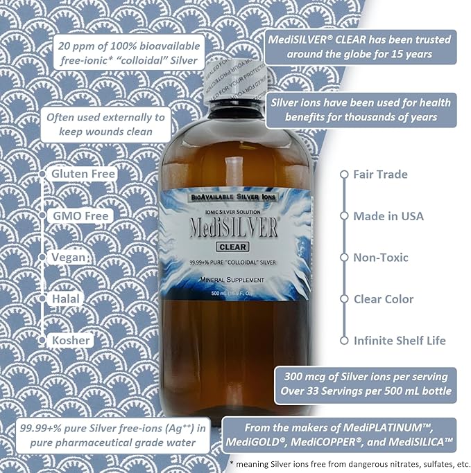MediSILVER Clear True Free Ionic Colloidal Silver Dietary Supplement - 500 mL (16.9 Fl Oz) in Amber BPA-Free Plastic Bottle