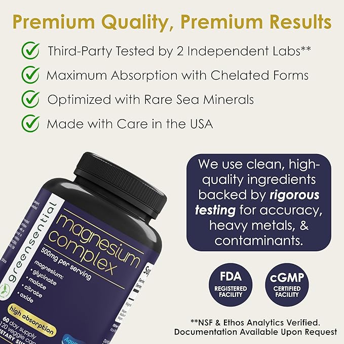 5-in-1 Magnesium Complex 500mg | 120 Capsules | Glycinate Malate Citrate Oxide &amp Aquamin® | Sleep Muscle &amp Heart Support | Made in USA 2X 3rd-Party Tested Vegan