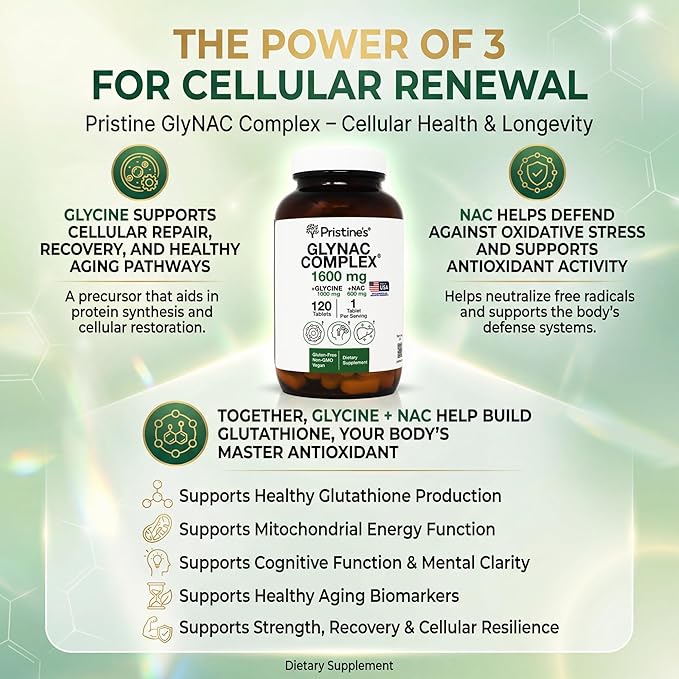 GlyNAC Supplement Complex Large Size Tablet 1600MG Glutathione Production - 3rd Party Tested Healthy Aging &amp Cognitive Support - Glycine &amp NAC Gluten Free Non GMO USA Made Glass Bottle
