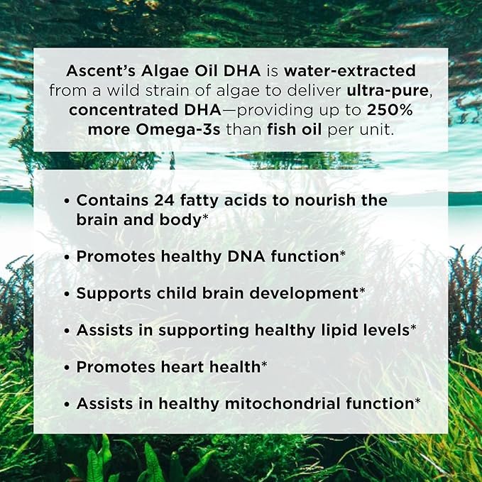 Ascent Nutrition Algae Oil DHA Omega-3's | Vegan and Vegetarian | 1000 mg DHA and 10 mg EPA | Organic Lemon Flavor | 60ml