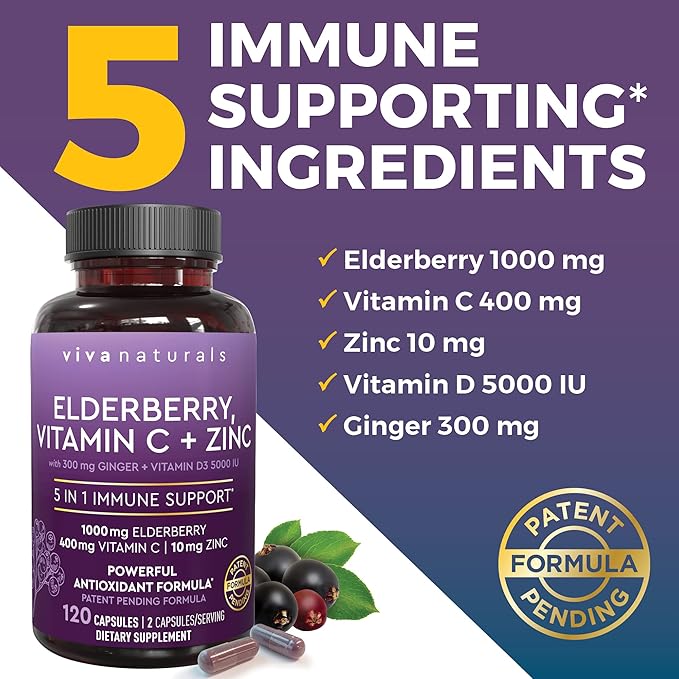 Viva Naturals Antarctic Krill Oil and Elderberry Vitamin C Zinc and Vitamin D3 5000 IU Bundle 1250 mg of Krill Oil Providing Omega 3 EPA and DHA for Joint Health Elderberry for Immune Support