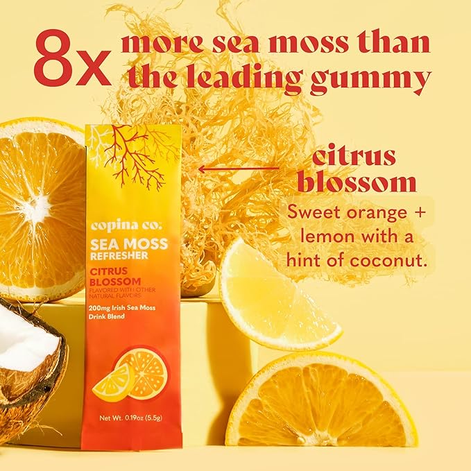 Organic Irish Sea Moss Powder - 200mg Packets - Citrus Blossom Flavored Seamoss Drink with Electrolyte-Rich Coconut Water for Natural Hydration Muscle Recovery - 8 Stick Packs