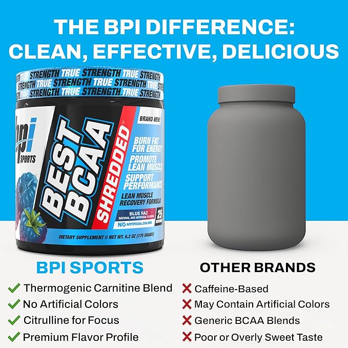 BPI Sports Best BCAA Shredded - Caffeine Free Thermogenic Recovery Drink Lean Muscle Building BCAA Powder for Women and Men Preworkout BCAAs Amino Acids Drink- Blue Raz - 25 Servings
