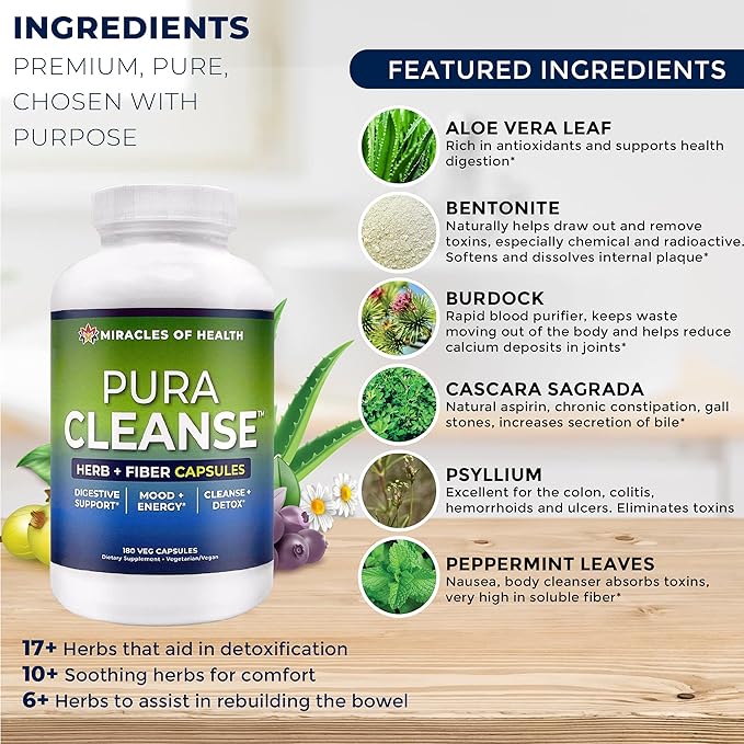 Pura Cleanse Fiber Caps | 100% Natural Herb and Fiber Detox Capsules - Daily Cleanse and Detox for the Colon Skin Lungs and Kidneys - 1 Month Supply