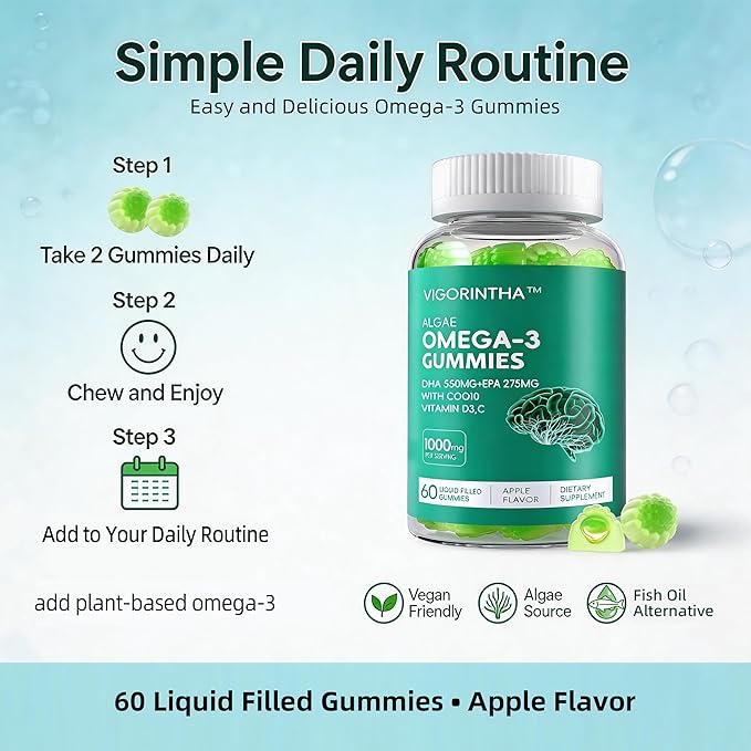 Vegan Omega-3 Algae Oil Supplement with DHA 300mg &amp EPA 150mg Plant-Based Omega-3 with Vitamin D3 &amp K2 Fish-Free Algal Oil Softgels for Men &amp Women 2 Pack 120 Softgels 60 Day Supply