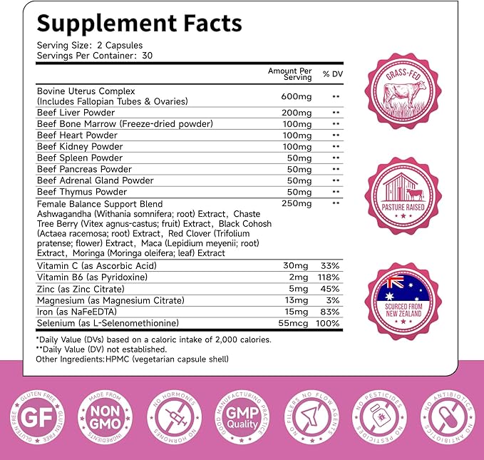 Beef Organ Supplement for Women | 9-Organ Formula with Herbal Support Liver Uterus Ovary Heart &amp Kidney for Feminine Balance &amp Energy | New Zealand Grass-Fed | 60 Capsules