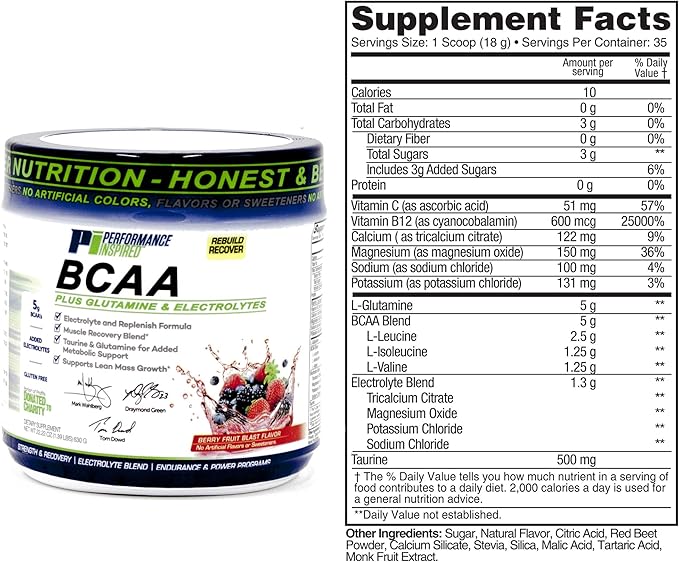 Performance Inspired Nutrition BCAA Powder – 5G BCAA with Electrolytes Taurine &amp Glutamine – All-Natural &amp Clean – Muscle Recovery &amp Repair – Berry Fruit Blast – 1.39 lb