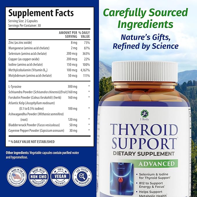 1 Body Thyroid Support Supplement for Women and Men Selenium with Iodine Zinc B12 Ashwagandha and L-Tyrosine Supports Hormone Health Energy and Metabolism 30 Day Supply
