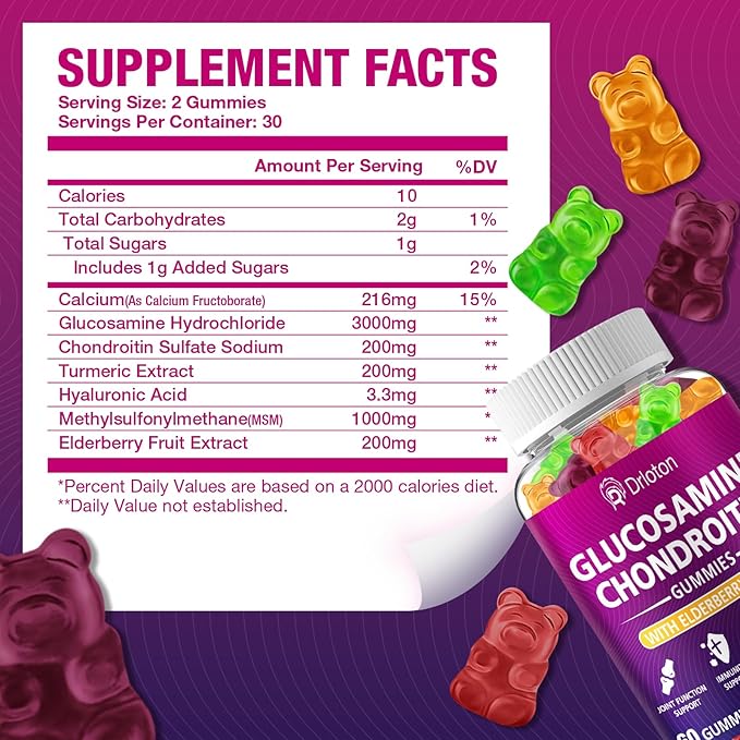 2-Pack 3000mg Glucosamine Chondroitin Gummies with MSM &amp Elderberry Joint Supplements for Women Men Extra Strength Joint Нealth Flеxibility Αntioxidant Immunе Support Supplement Gummy 120Gum