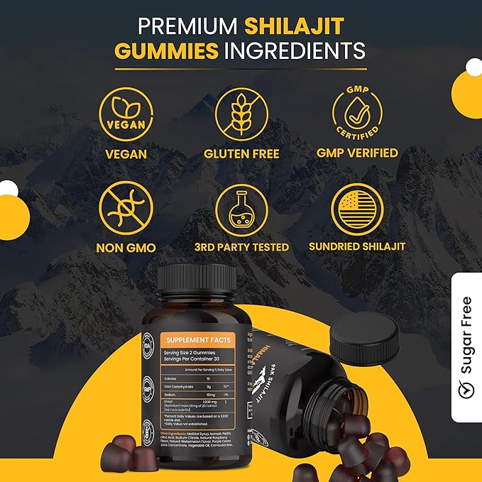 Pure Sundried Himalayan Shilajit Gummy for Men &amp Women | Organic Shilajit Gummies | Natural 85 Plus Trace Minerals Fulvic Acid | Energy Immunity | Sugar-Free 60 Healthy Gummy