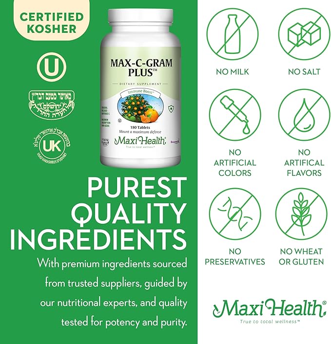 Maxi Health Vitamin C 1050mg – Buffered C Complex with Calcium Ascorbate &amp Bioflavonoids – Immune Support Supplement Non-Acidic Gentle on Stomach Gradual Release – 90 Tablets